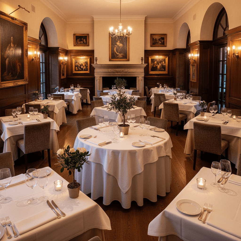 Elegant restaurant interior with warm lighting, set tables and ambient evening atmosphere