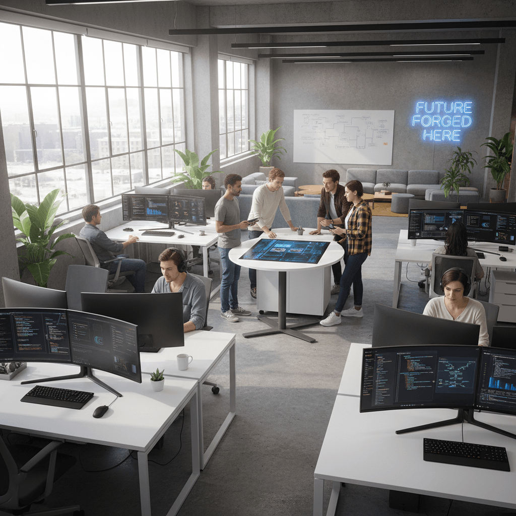 Enterprise technology team collaborating on digital systems project in modern workspace