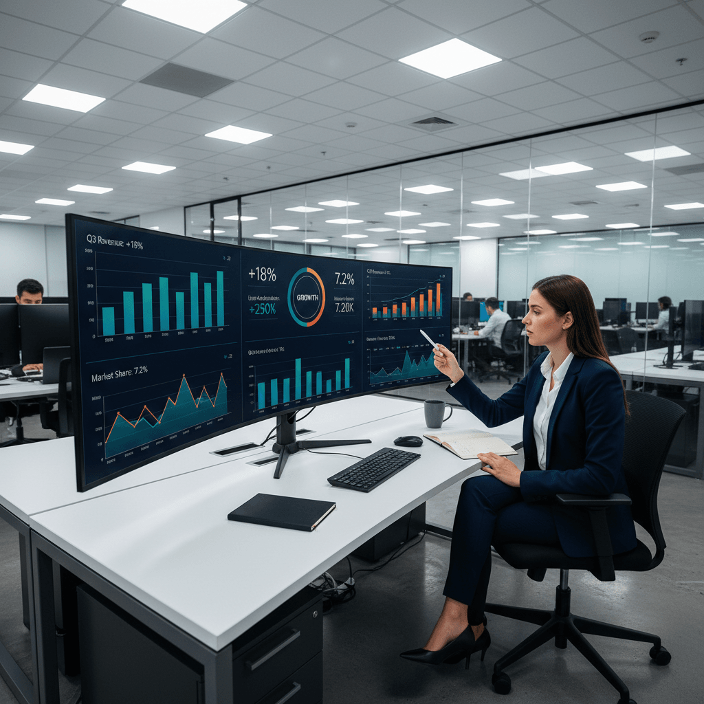 Enterprise business analytics dashboard with charts and data visualization showing growth metrics